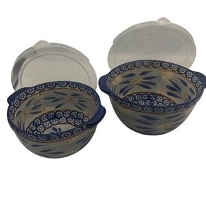 Set of 2! Ceramic Mixing Bowls with Lids Blue Floral Patterned Kitchen Bowls Set